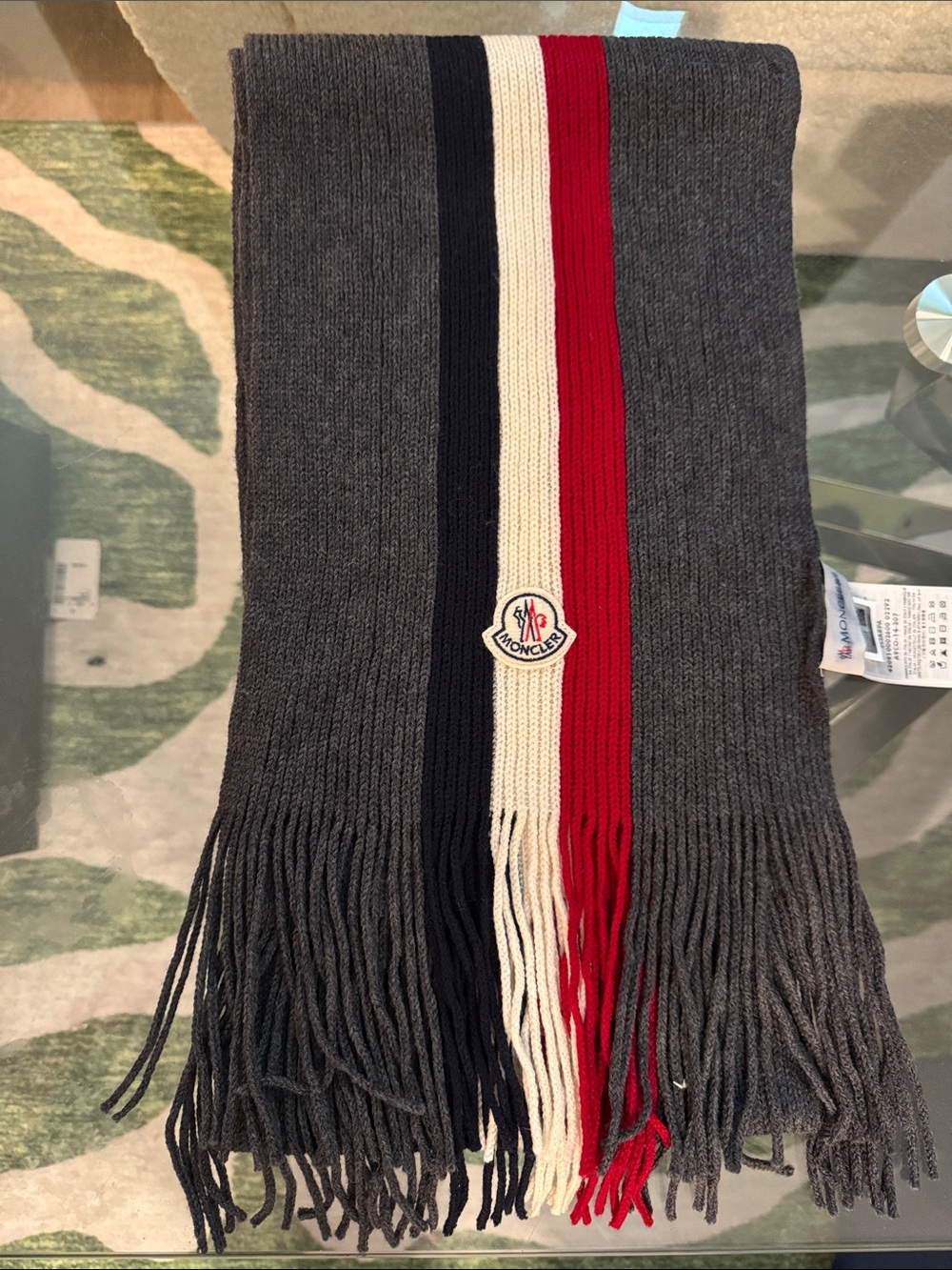 Moncler Grey Scarf with Navy, Cream and Red Tricolor Stripe
